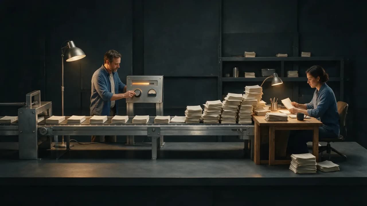 A fast production conveyor creates a queue at a slower human review station.