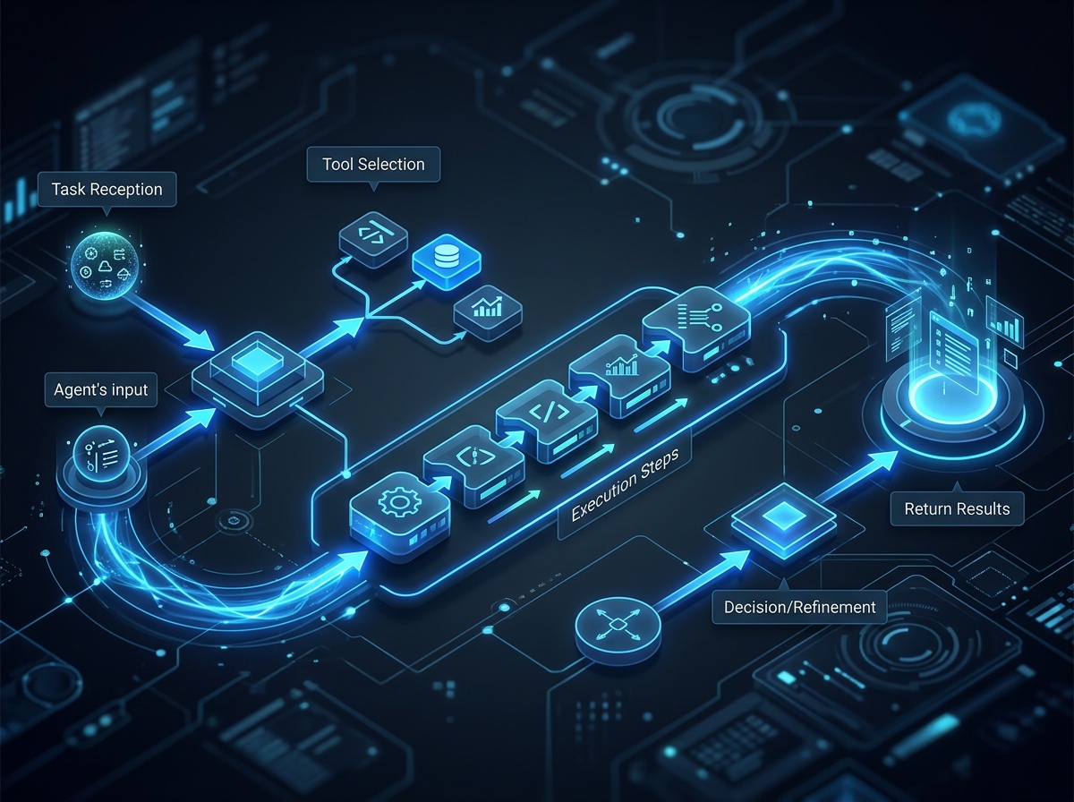 Flowchart of an agent receiving a task, selecting tools, executing steps, and returning results