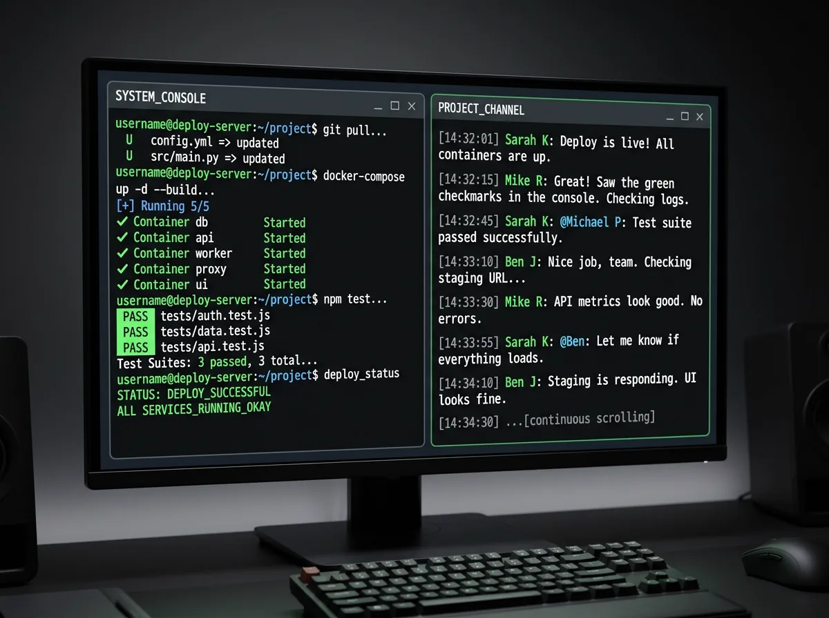 Terminal executing commands with checkmarks beside a chat window with endless scrolling text