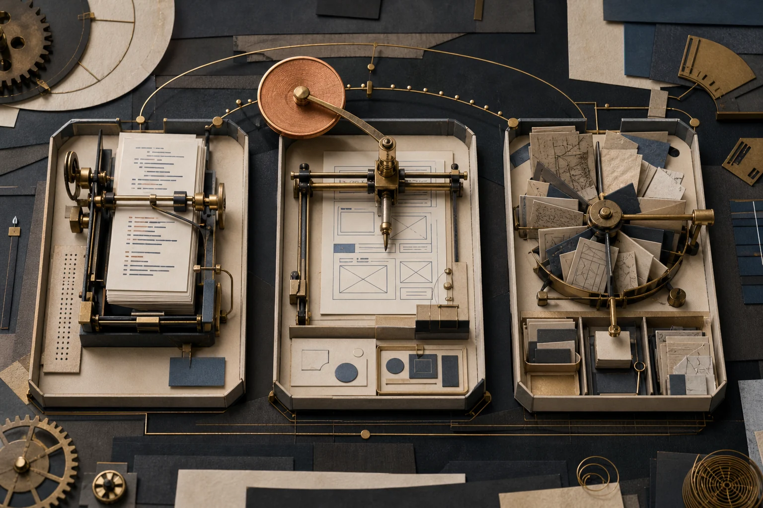 Three mechanical work trays continue in parallel while one copper marker moves between them.