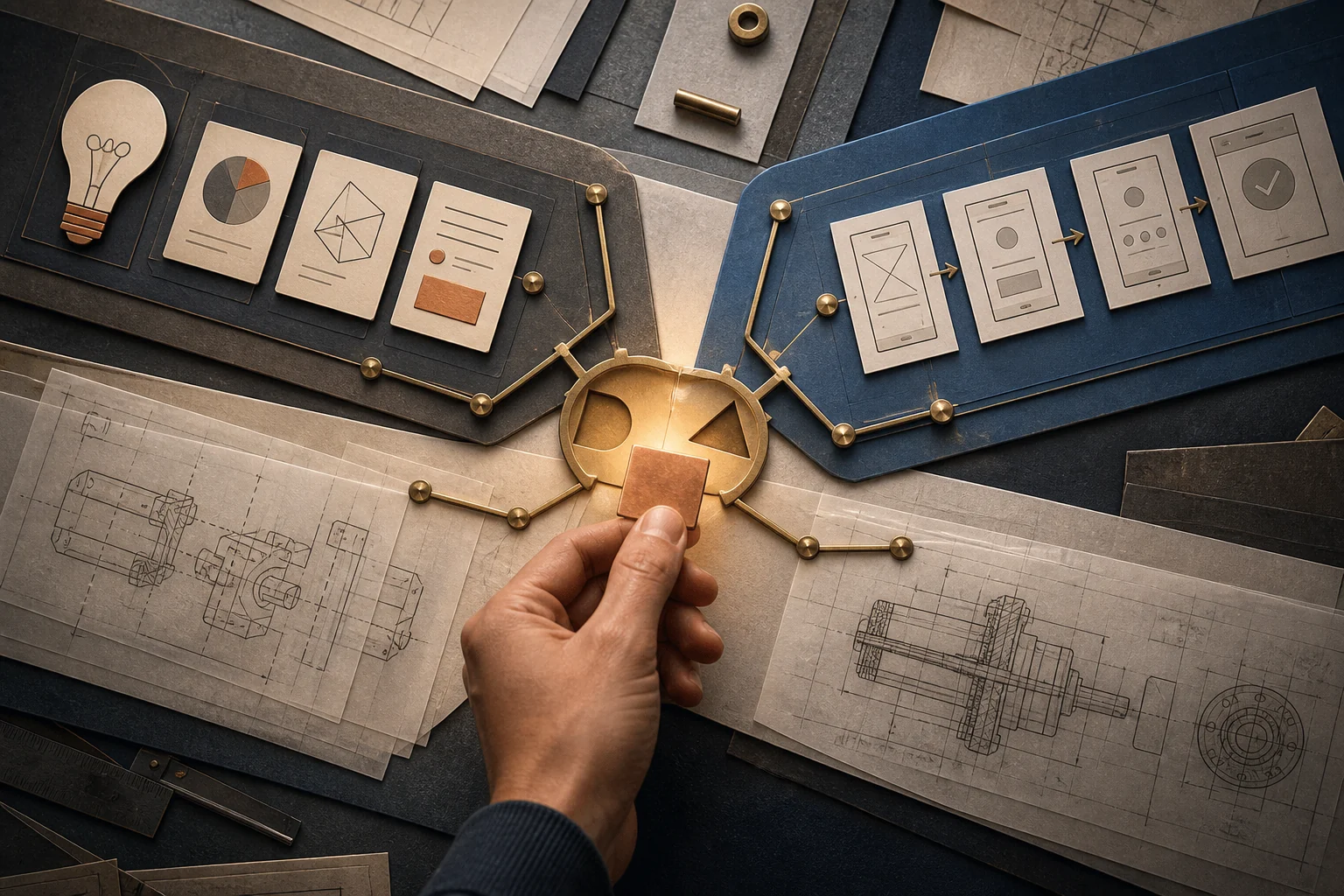 Product, UX and engineering plans converge on a mismatched junction as a hand carries the connecting decision.