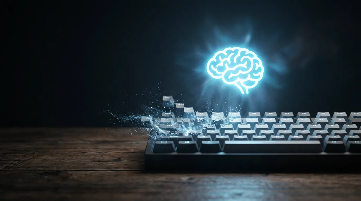 Keyboard with keys fading and dissolving while a brain icon above glows brighter