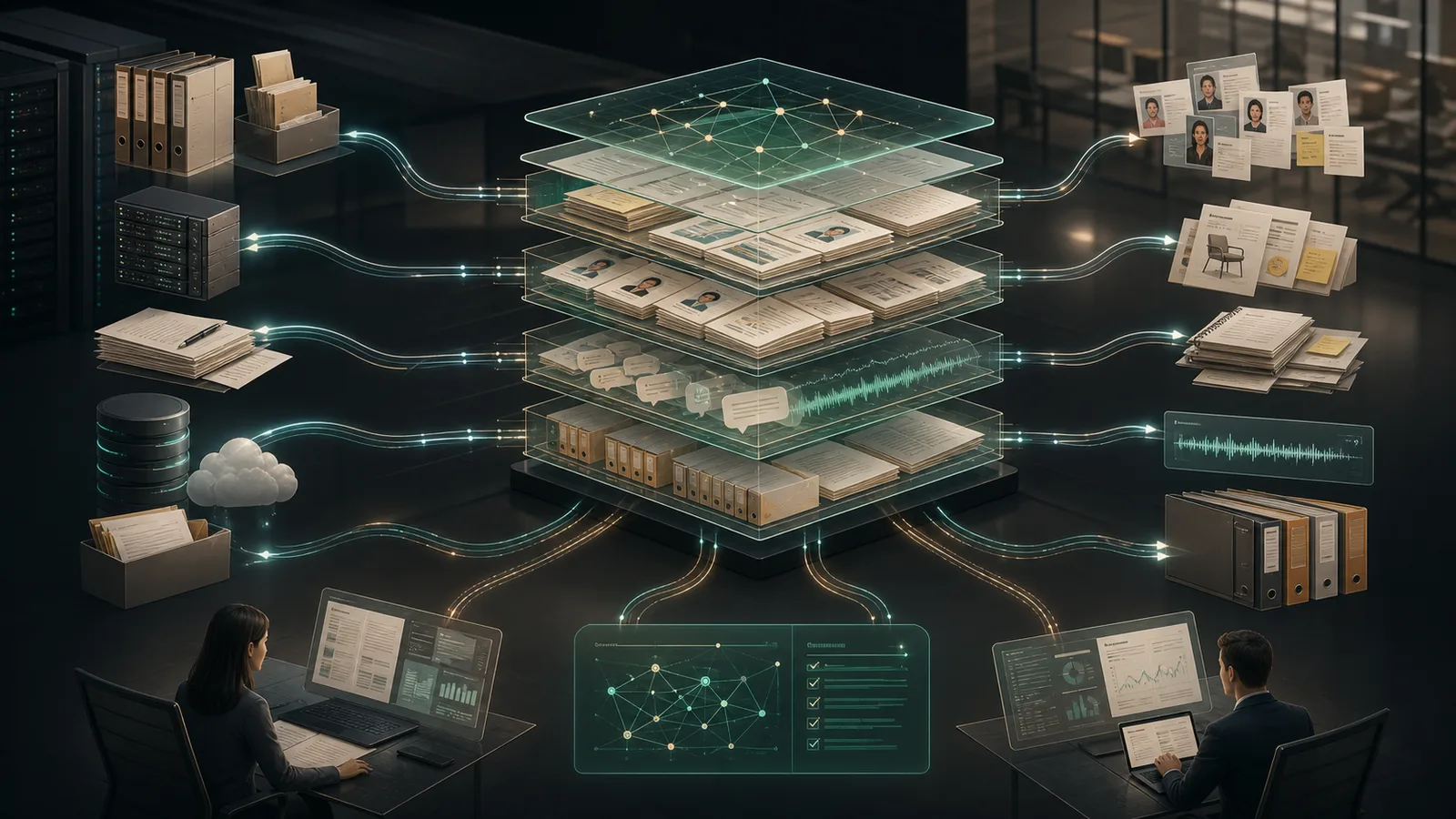 Fragmented company knowledge flowing into a governed AI-native context layer