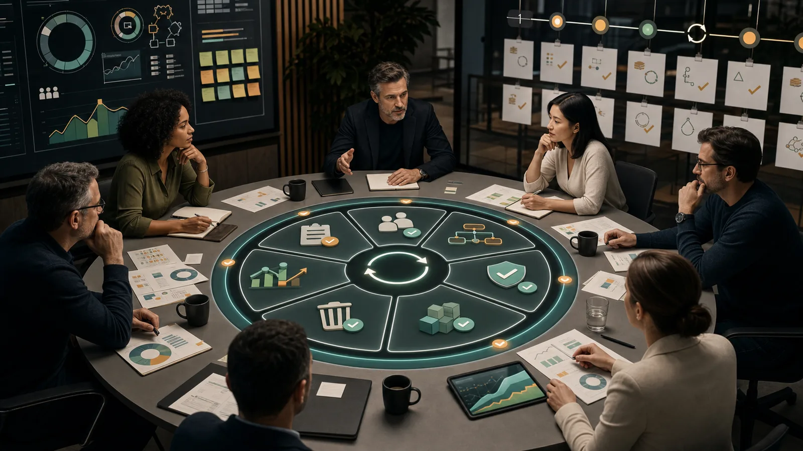 Leadership team reviewing a weekly AI-native operating rhythm of evals, governance, and workflow change