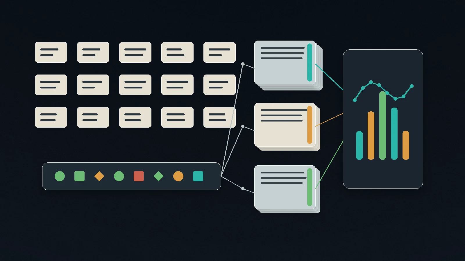 AI search evaluation bench with query cards, source documents, regression markers and outcome metrics