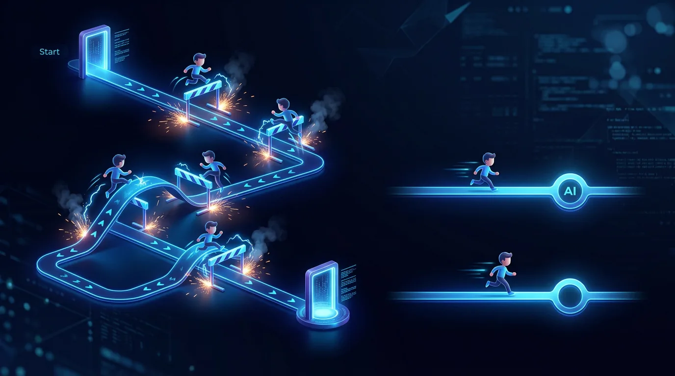 User workflow with 6 steps to reach a destination AI tool vs zero extra steps for inline AI