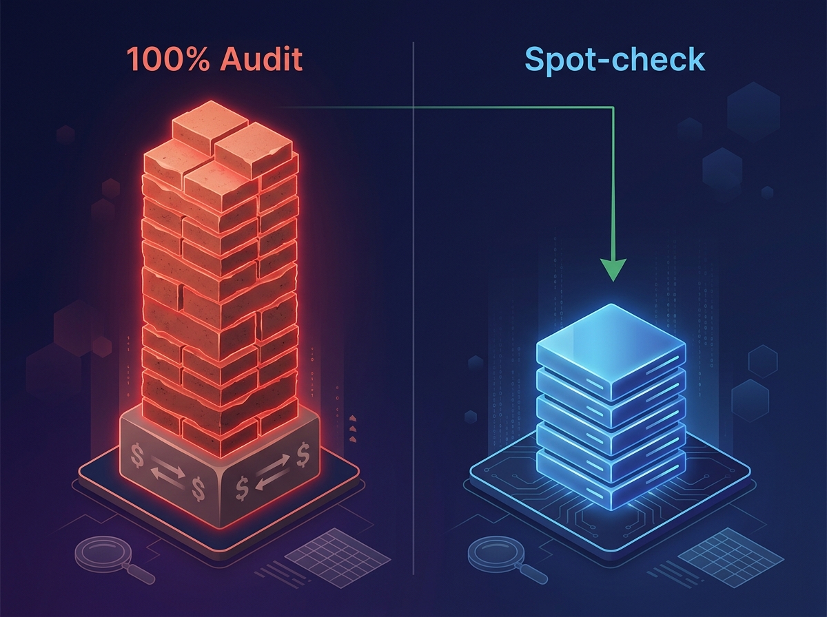 Two cost architectures: 100% audit with massive cost tower vs spot-check with 75% smaller cost