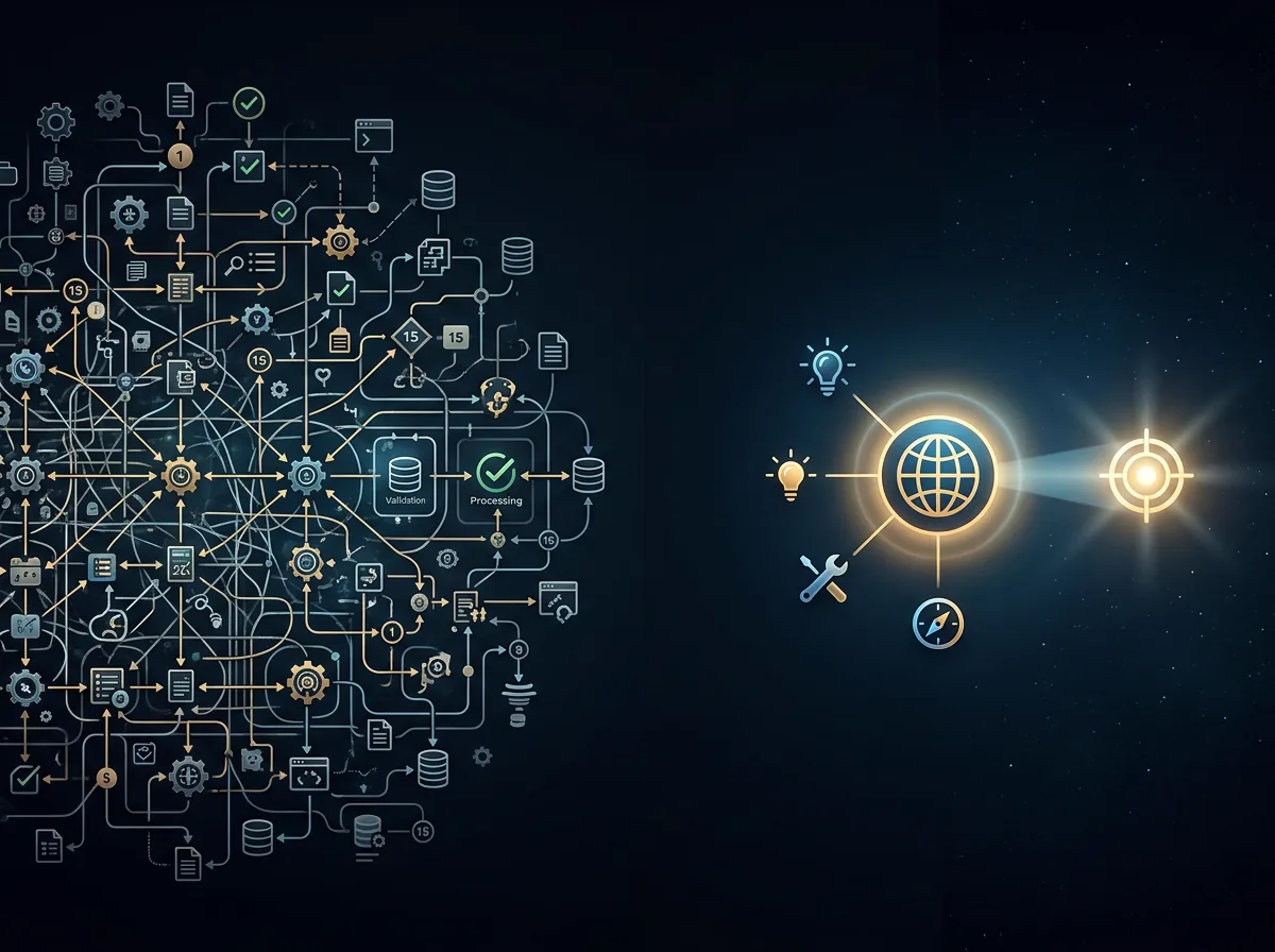 Two approaches: complex multi-step workflow with many nodes on left, single model with tools and goal on right glowing