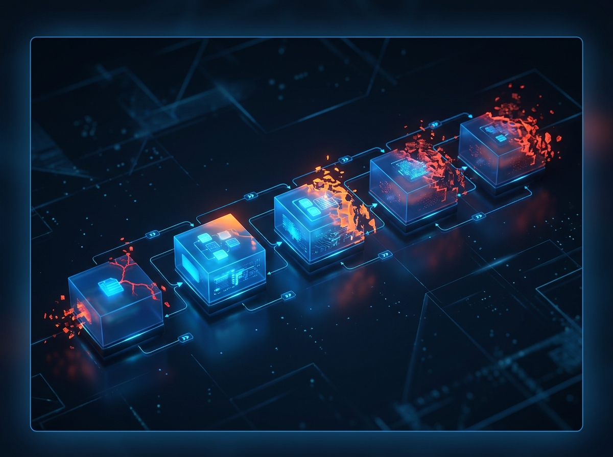 Five-step pipeline with accuracy dropping at each step: 95% to 90% to 86% to 81% to 77%