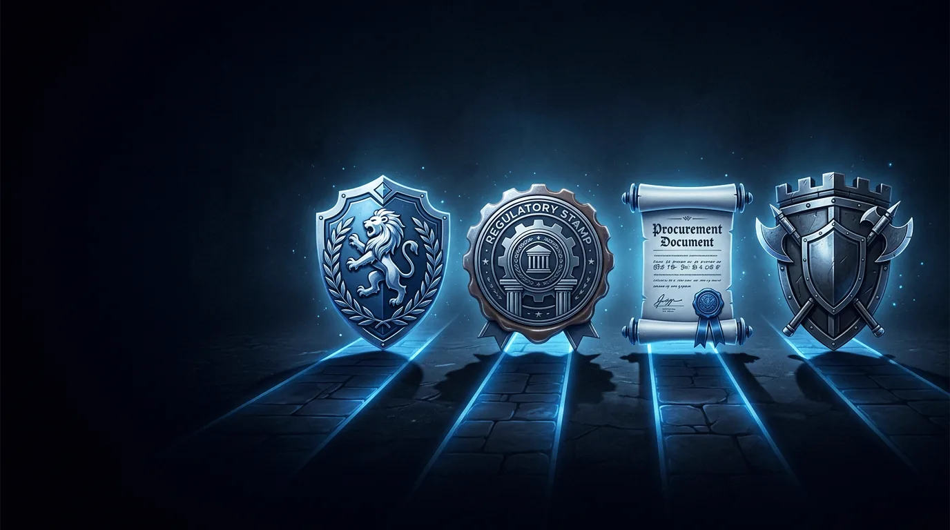 Four barrier icons: guild badge, regulatory stamp, procurement document, incumbent shield