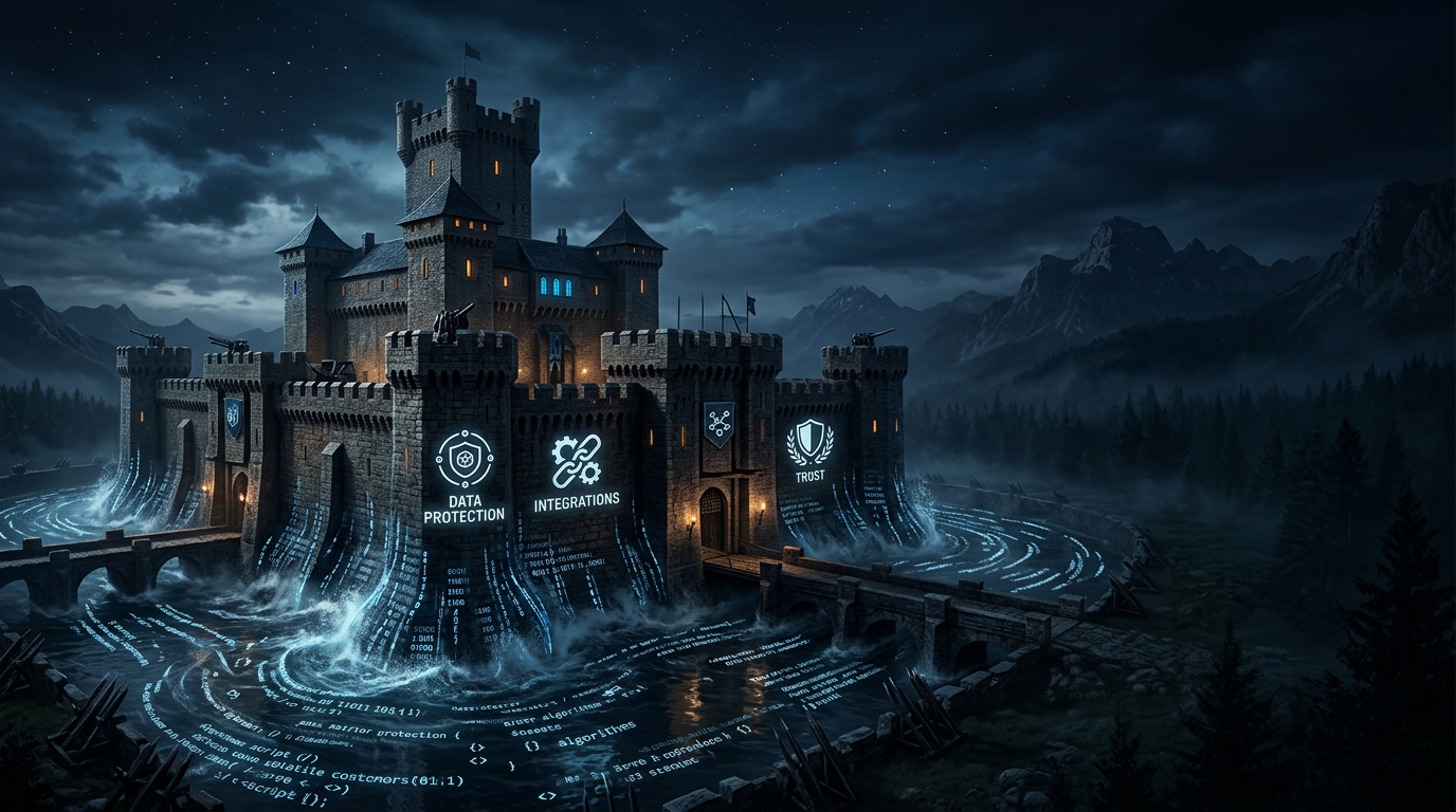 Fortress with walls for data, integrations, and trust, code washing against the walls like water