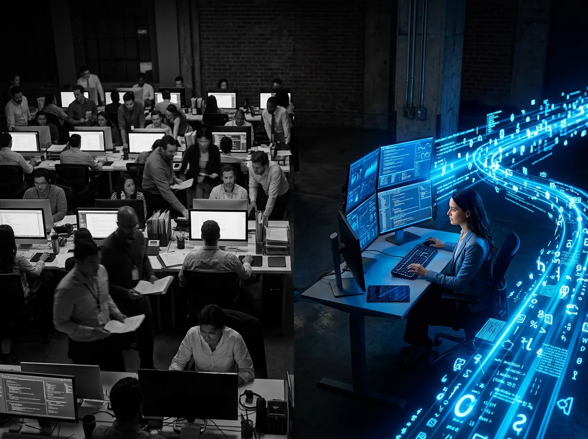 Two teams: large team with no AI adoption on left, one person with unlimited tokens shipping faster on right