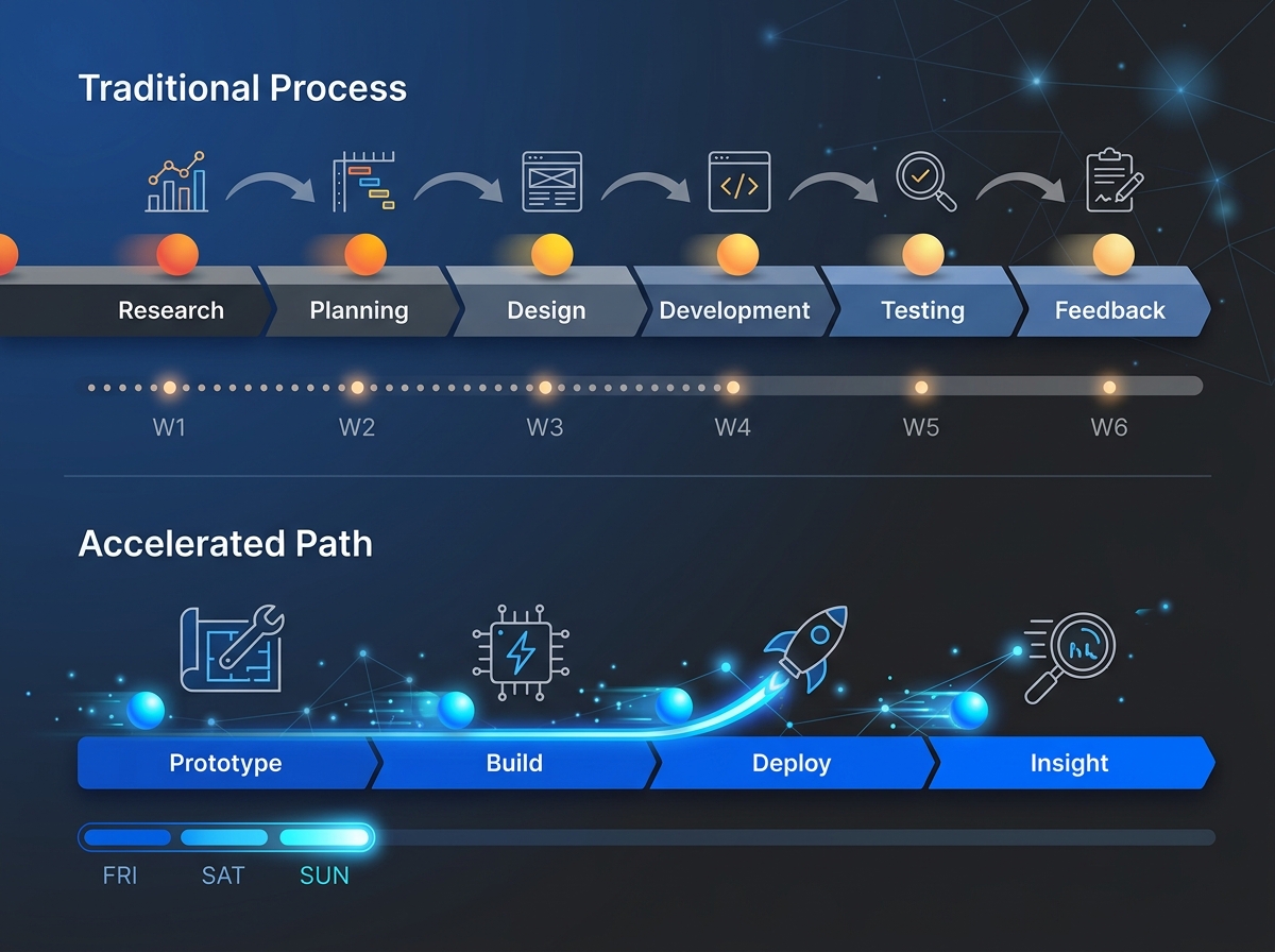 Timeline: 6-week discovery waterfall on top vs weekend prototype-to-insight shortcut below