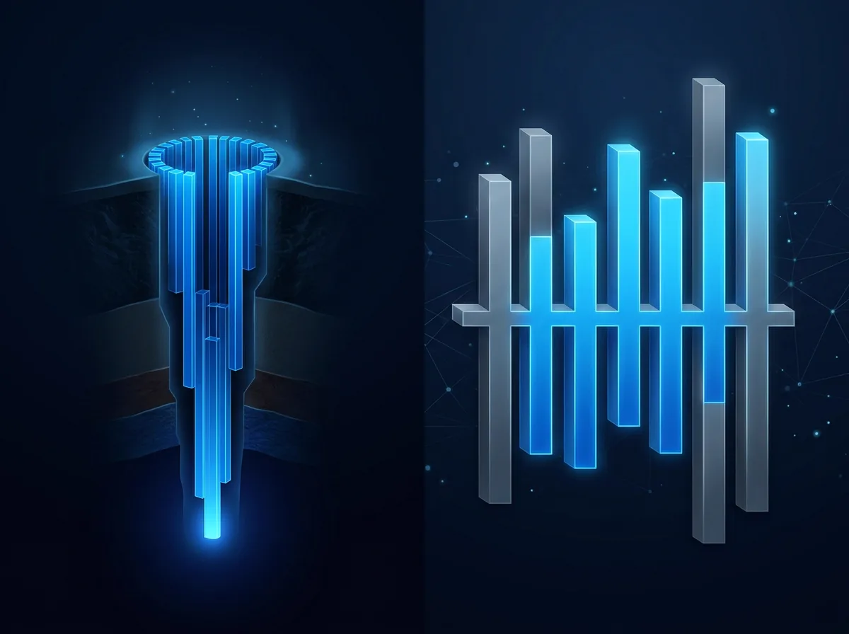 Two profiles: deep narrow well on left for specialist, wide multi-bar chart on right for E-shaped