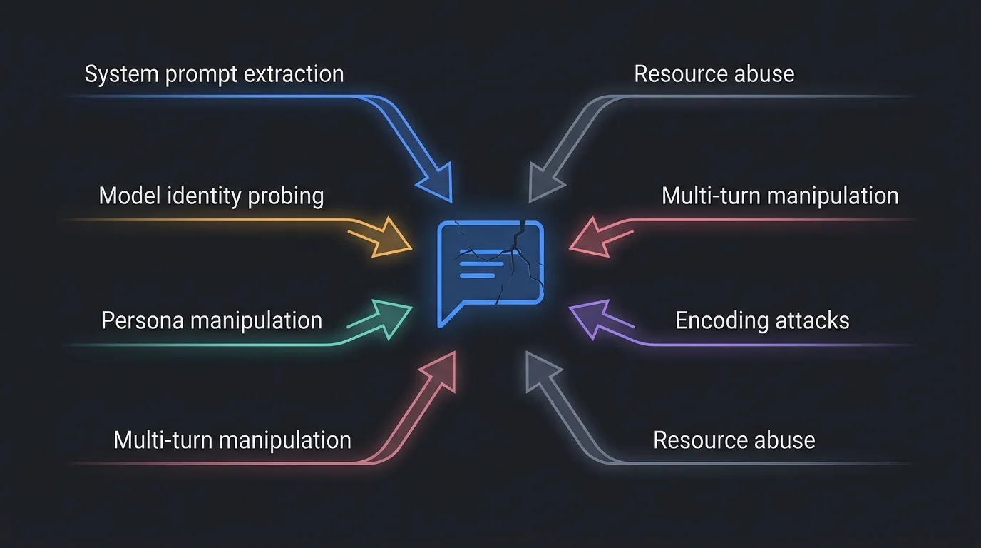 Six AI chat attack vectors: system prompt extraction, model identity probing, persona manipulation, multi-turn manipulation, encoding attacks, and resource abuse converging on an unprotected chat interface