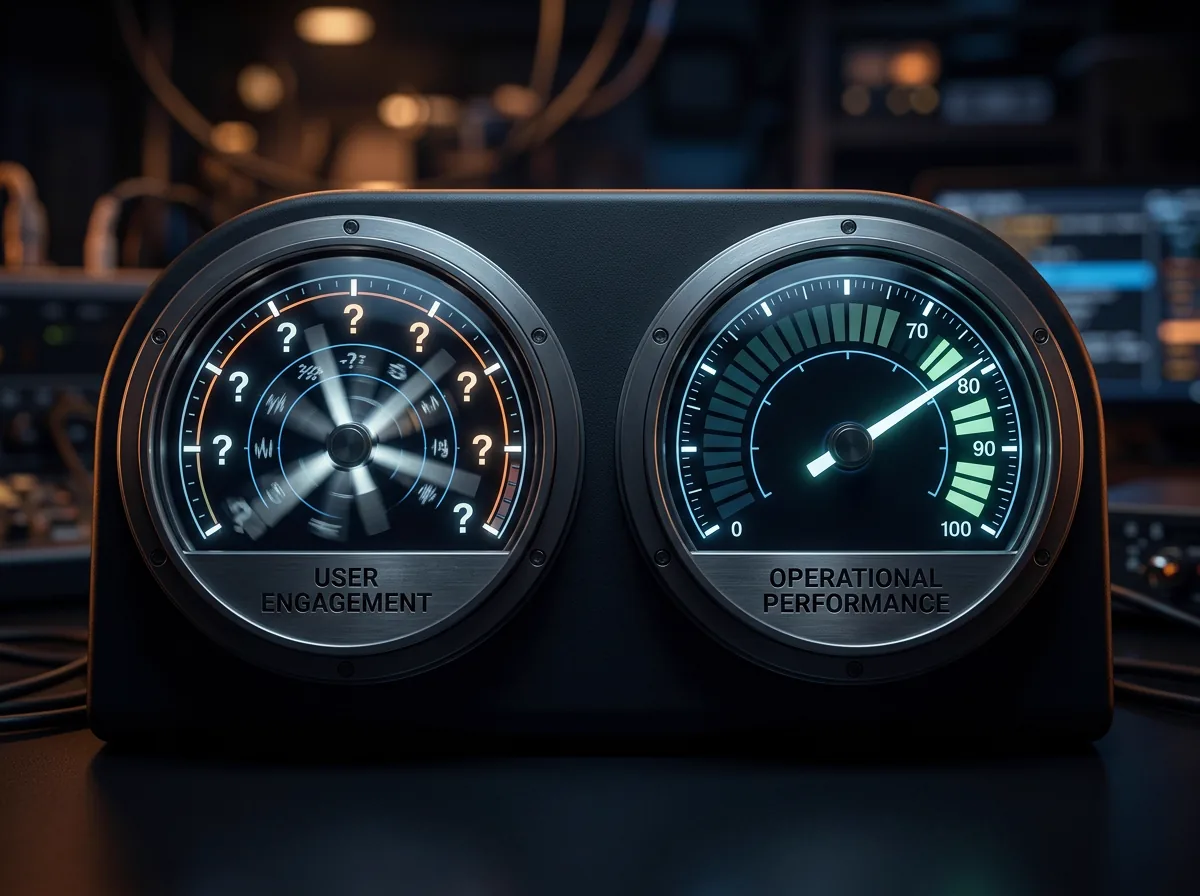 DAU and NPS dials spinning wildly beside stable task completion and accuracy gauges