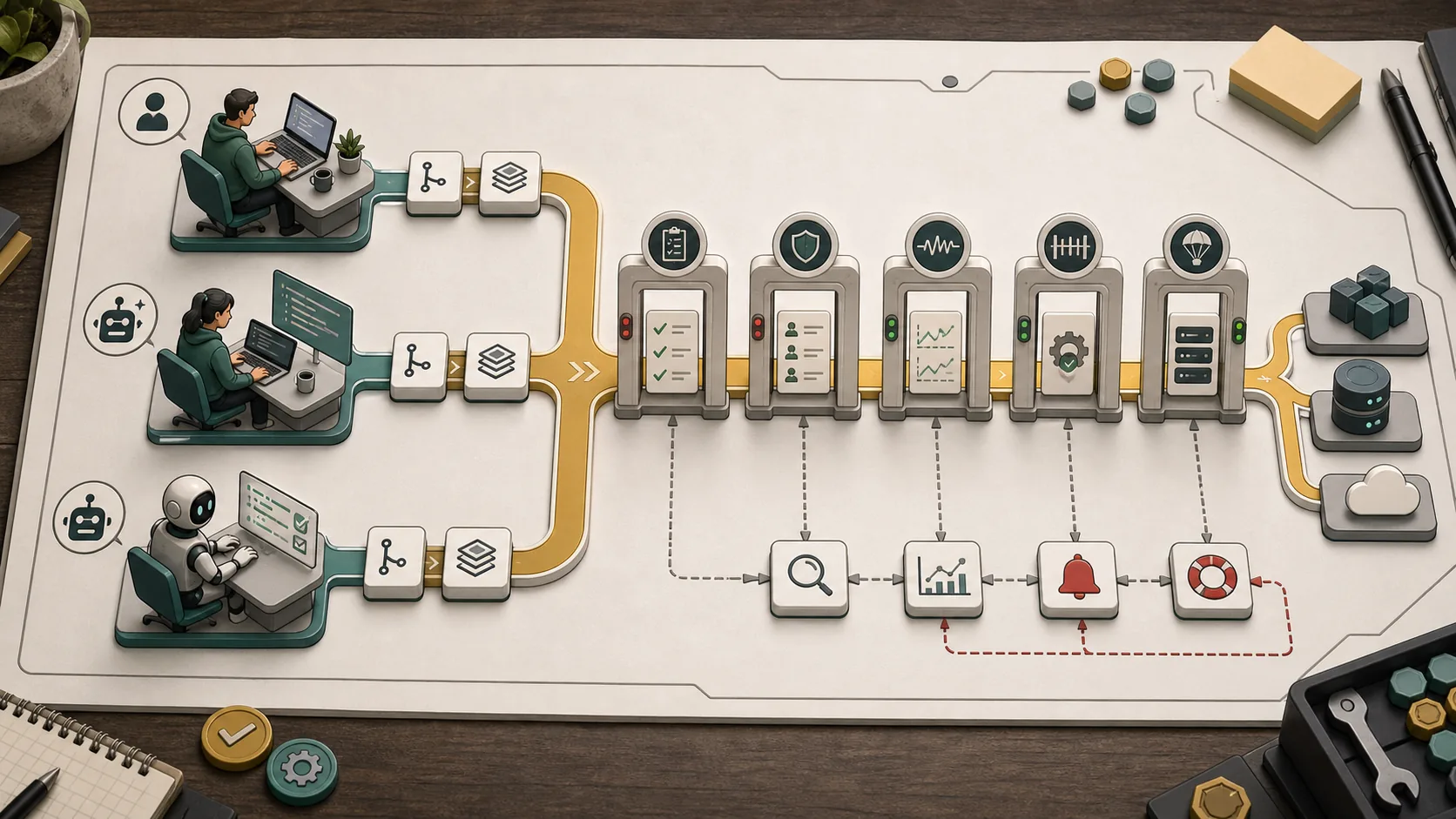 Three platform engineering customers, human developer, AI-assisted developer, and autonomous agent, converging through the same golden path