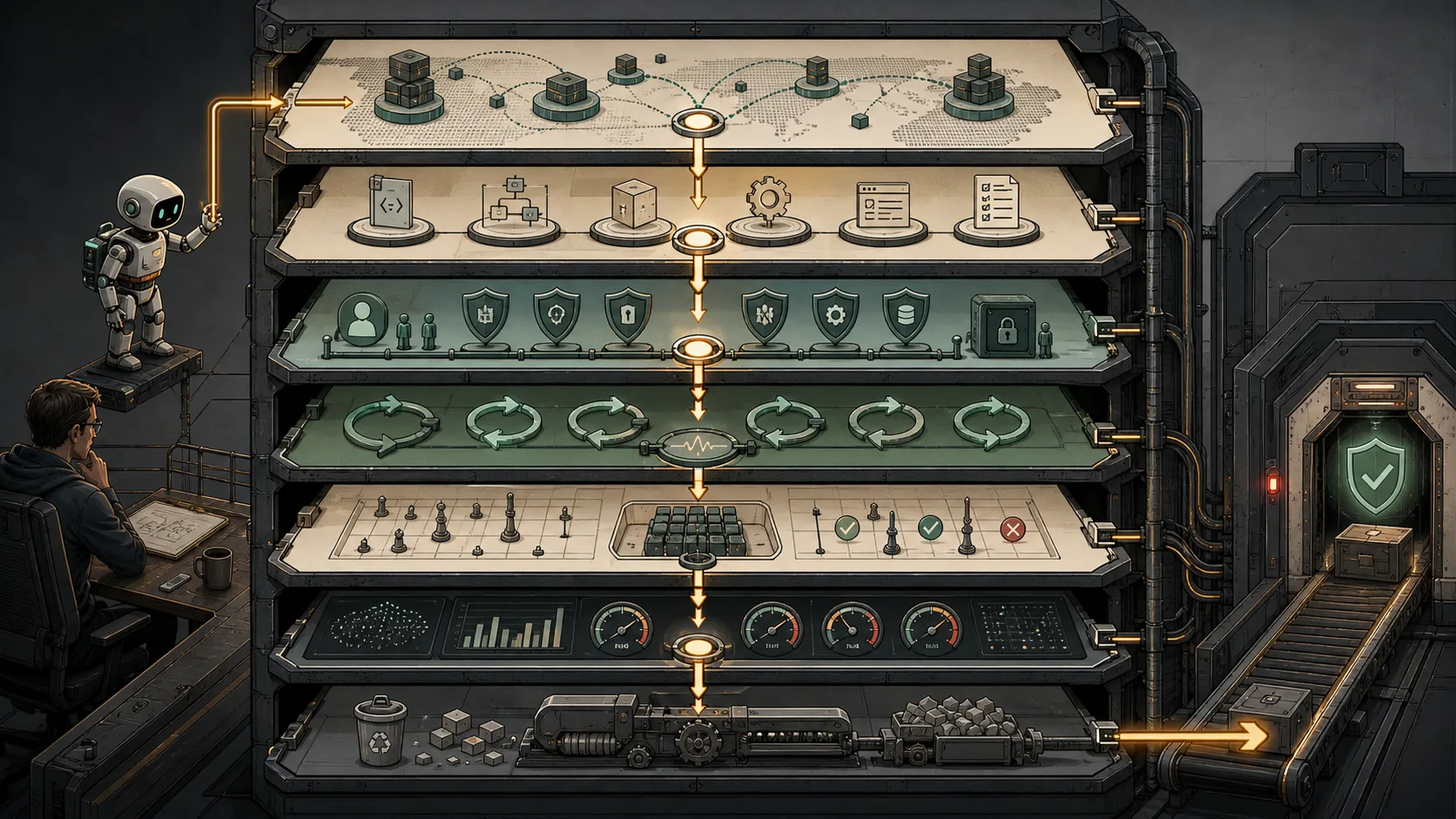 Layered agentic golden path showing context, tasks, permissions, feedback, evals, telemetry, and lifecycle controls