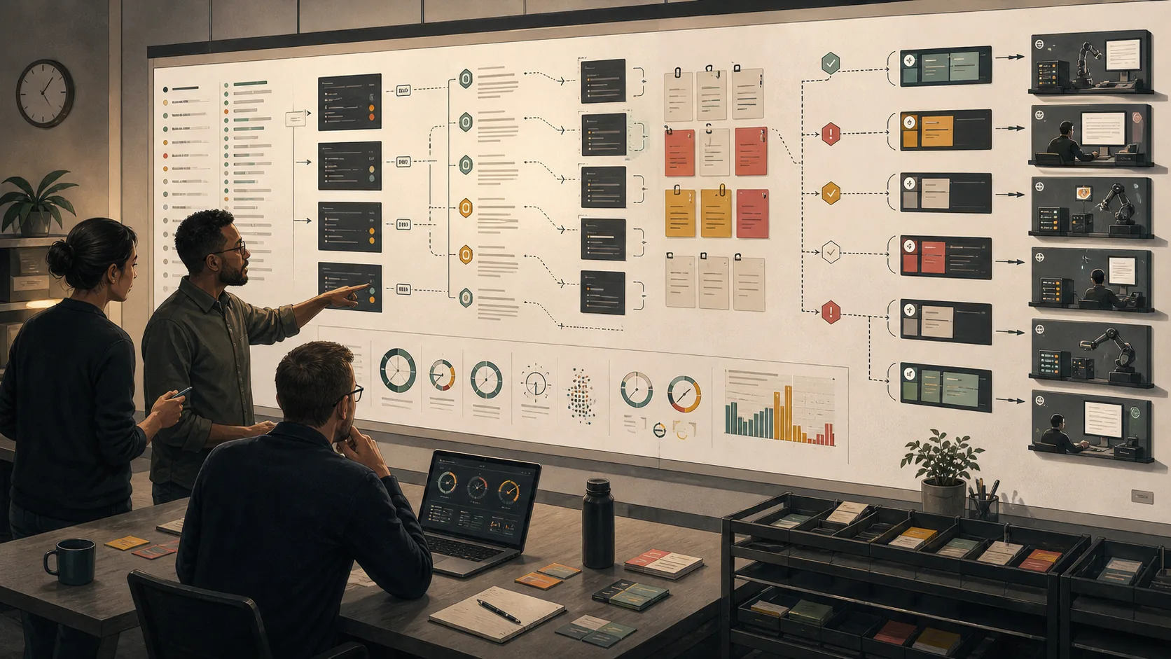 Platform team reviewing agent workflow traces, stale documentation, permission blocks, and telemetry as operational signals