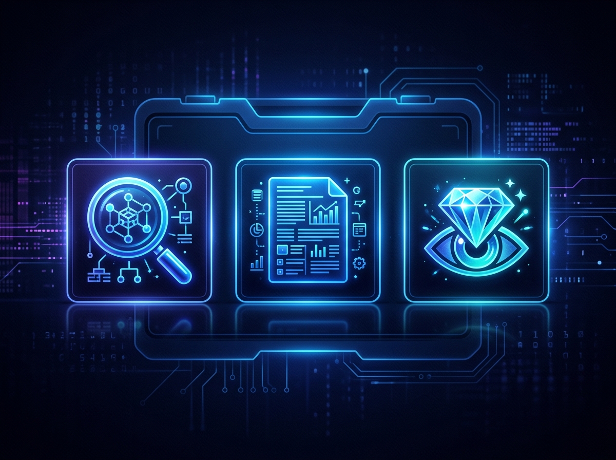 Three skill icons: magnifying glass for problem shaping, document for context curation, diamond for taste