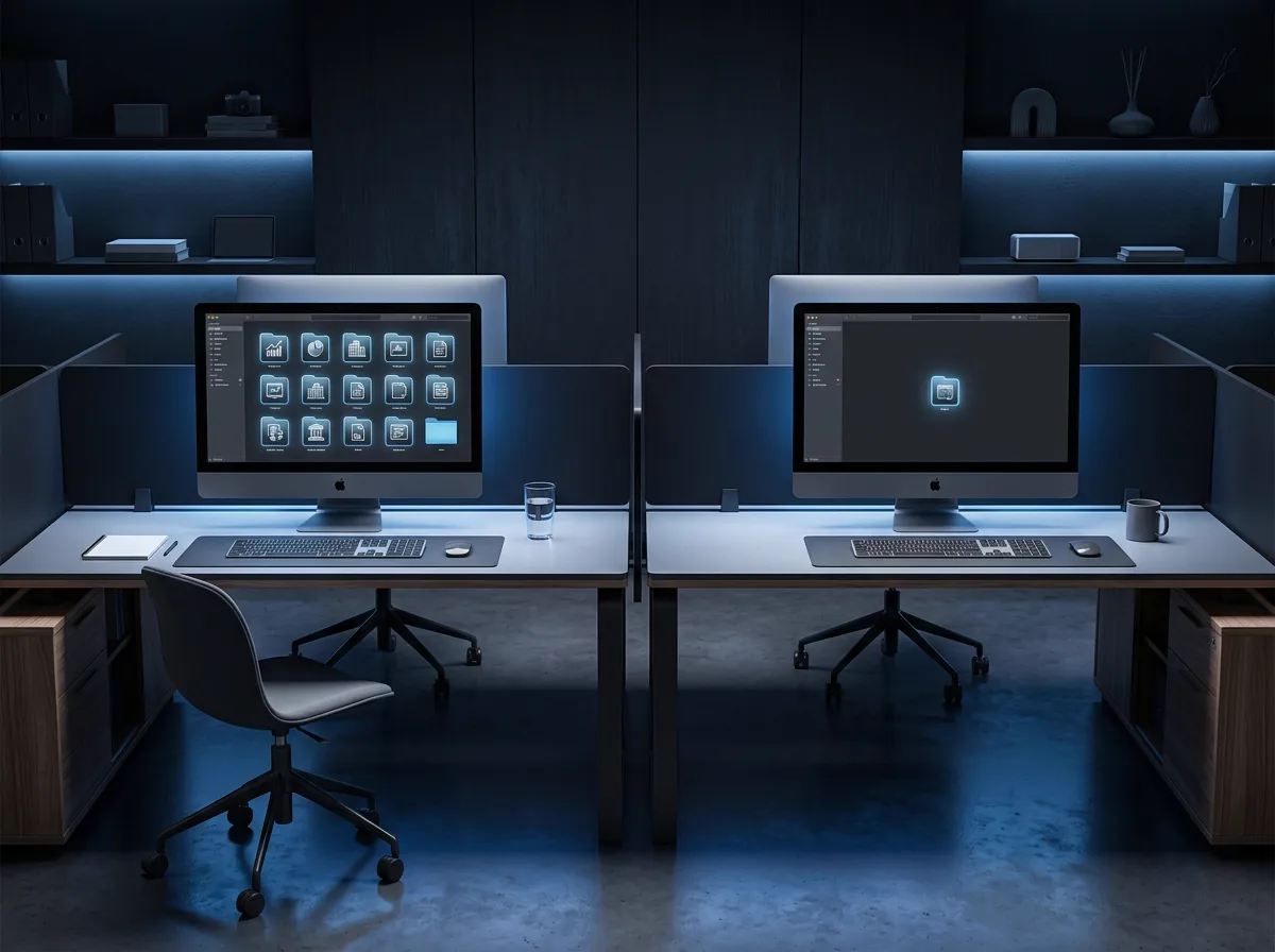 Two workstations: one with 17 completed project icons stacked, other with 1, same tools available