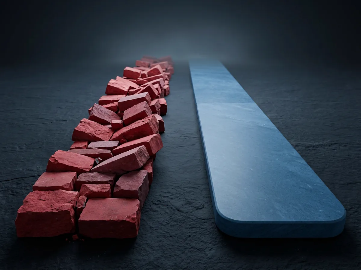 Two paths: patch-on-patch with accumulating debt on left, clean rewrite with solid foundation on right