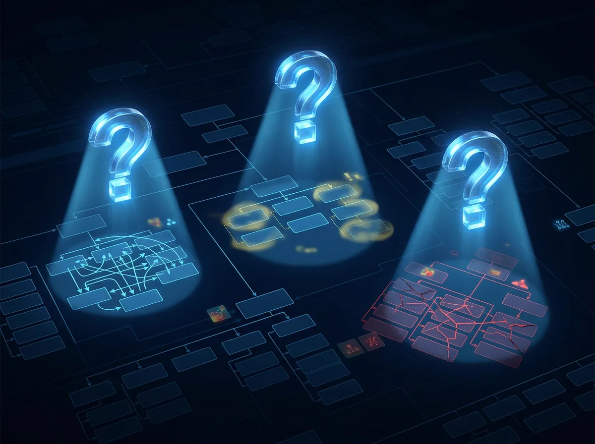 Three question marks each illuminating a section of an org chart, revealing hidden inefficiencies