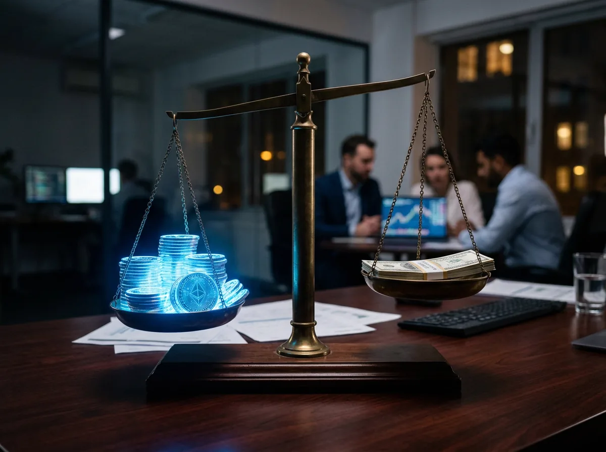 Balance scale tipping: stack of token coins outweighing a junior developer salary