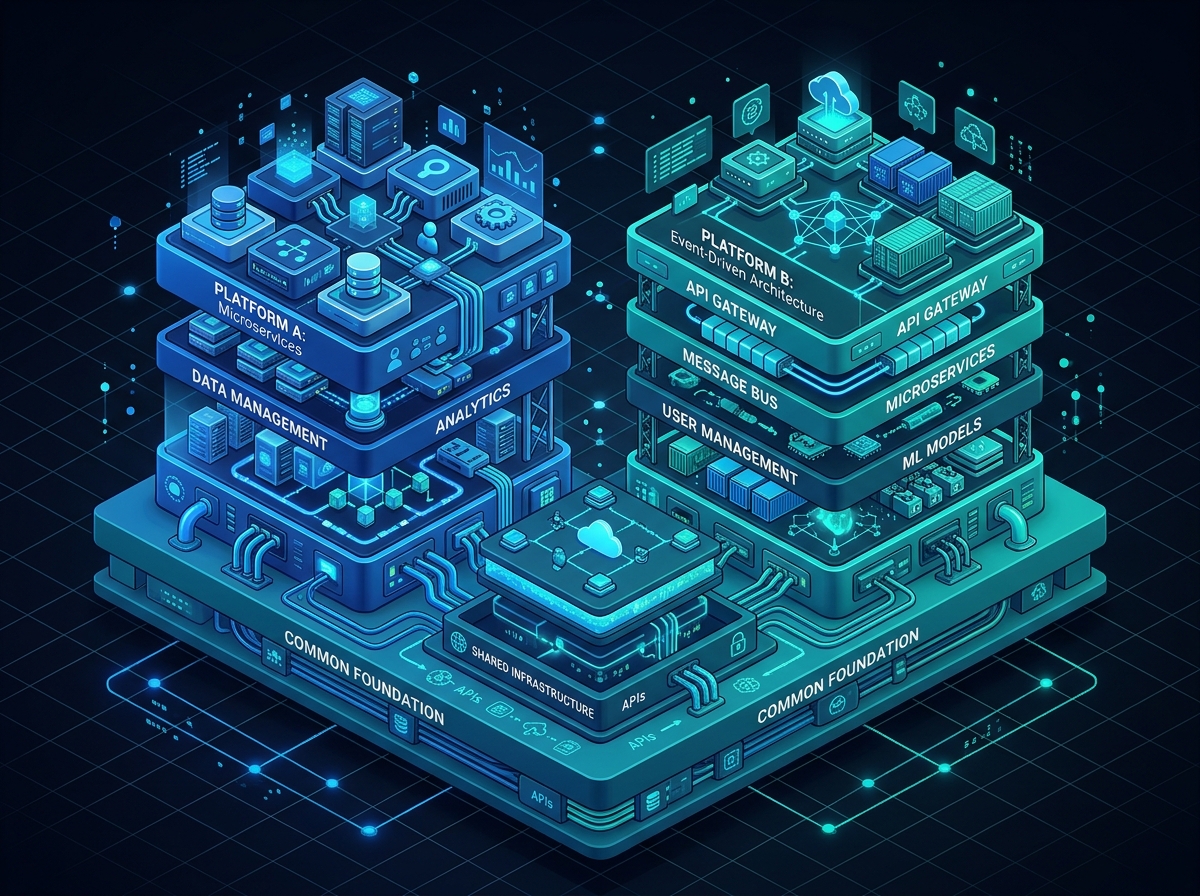Two distinct platform architectures side by side sharing a common foundation layer