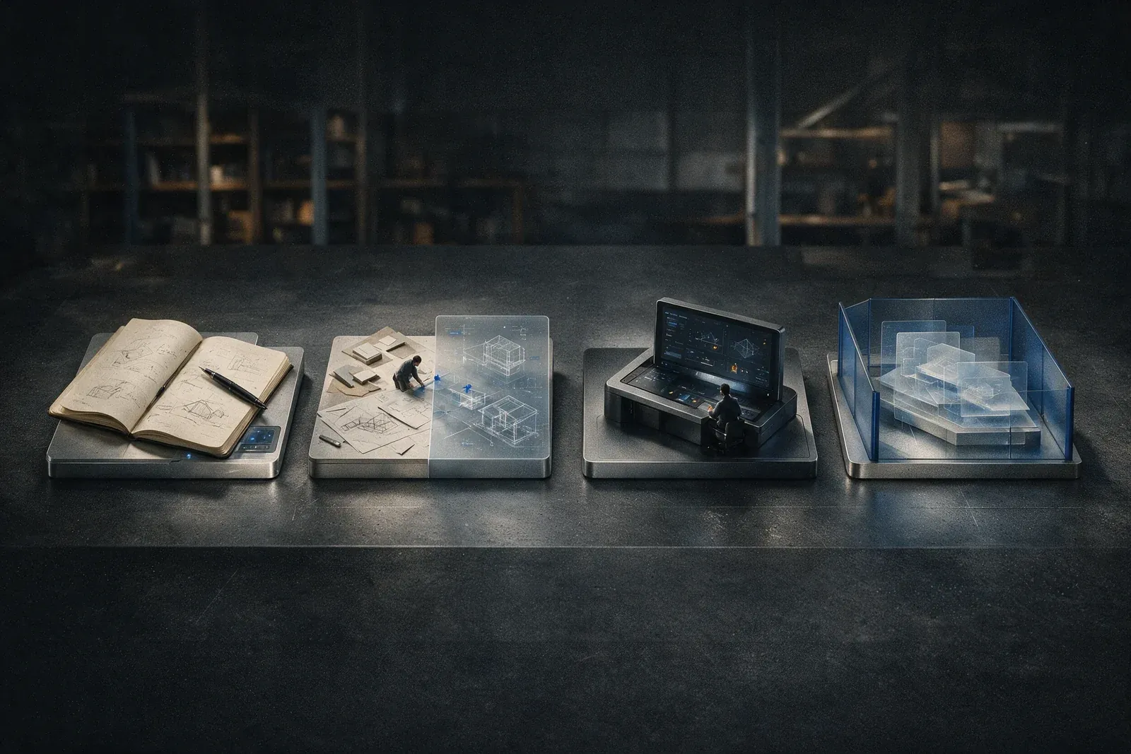 Four workspaces show different interaction patterns for increasing levels of AI autonomy.