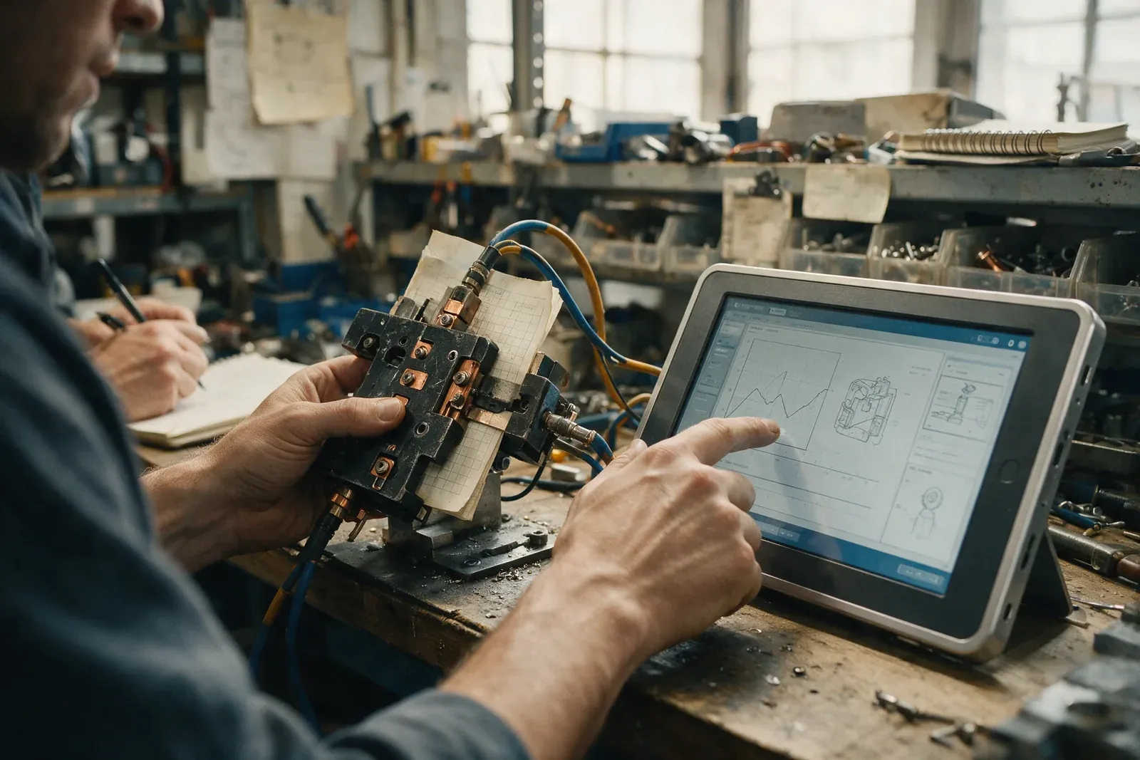 An operator uses a workaround while a product researcher records what happens in the real workflow.