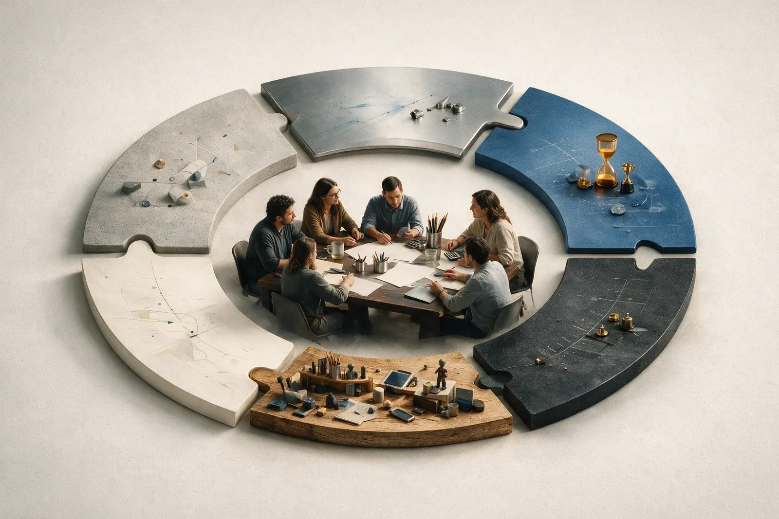 Interlocking boundary pieces surround a team table to represent an empowerment contract.