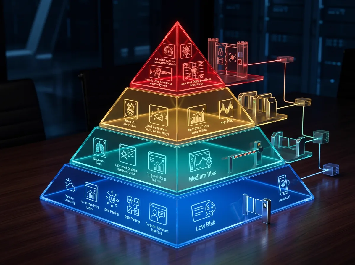 Risk-tiered pyramid with AI features sorted into Low, Medium, High, Critical tiers