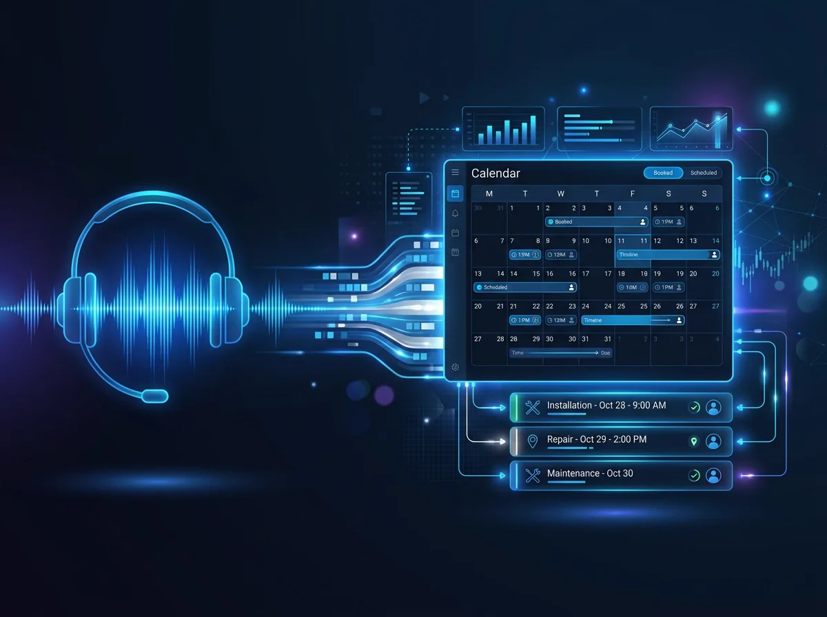 AI voice agent handling phone call with waveform, routing to job booking system with calendar
